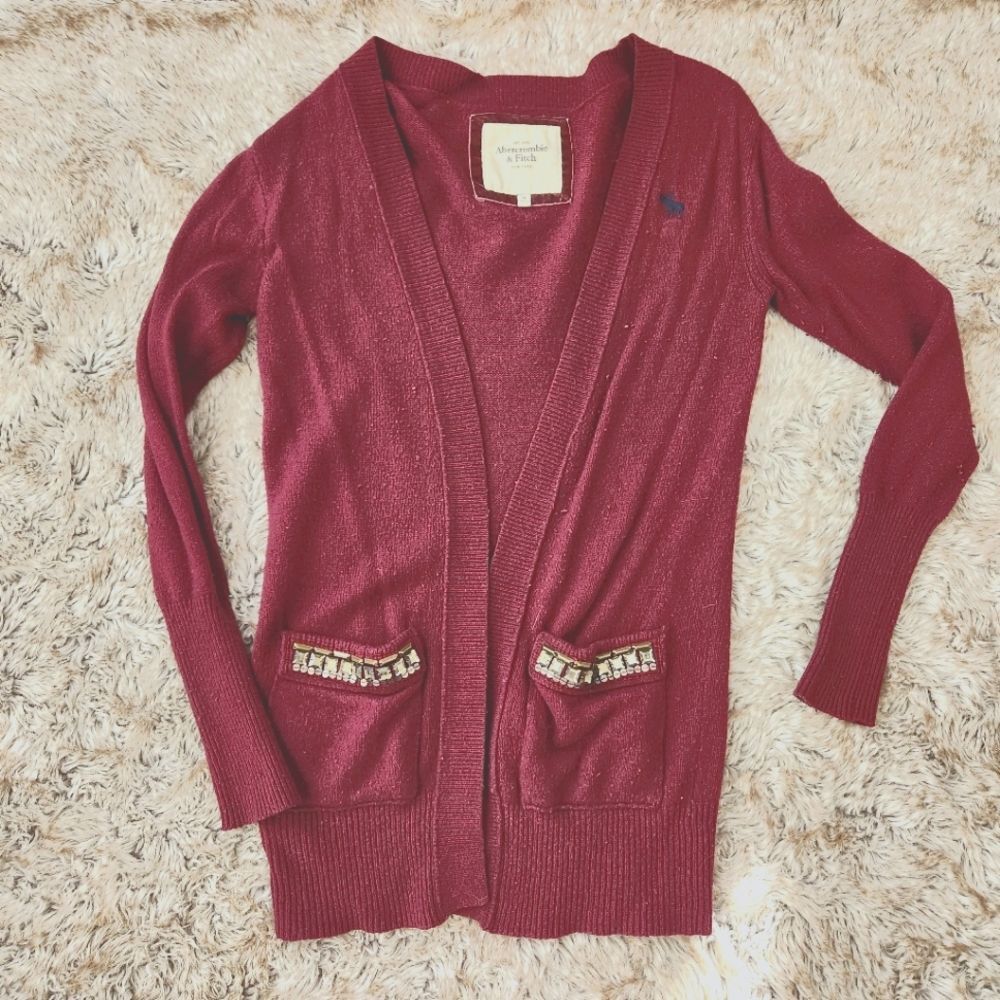 Abercrombie & Fitch Wool Blend Long Cardigan Beaded Detail Maroon Size Medium
